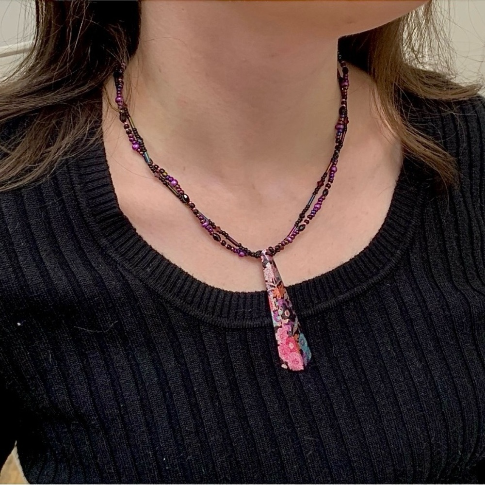 Purple & Black Floral Multi-strand Beaded Necklace - Picture 2 of 8